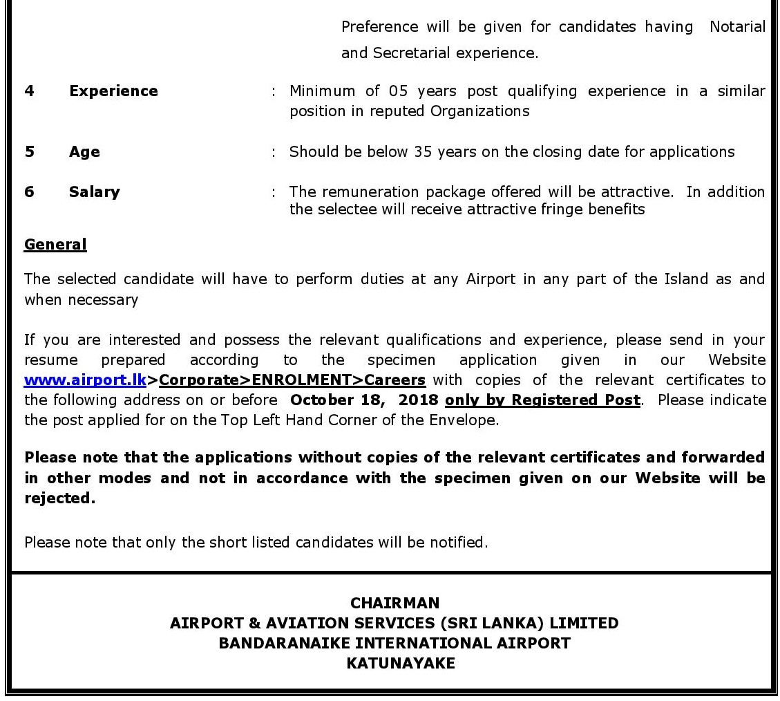 Manager (Legal) - Airport & Aviation Services (Sri Lanka) Limited